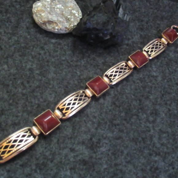 ANTIQUE Art Deco Bracelet | Carnelian Gold Panel Bracelet | Birmingham | Filigre - Picture 6 of 12